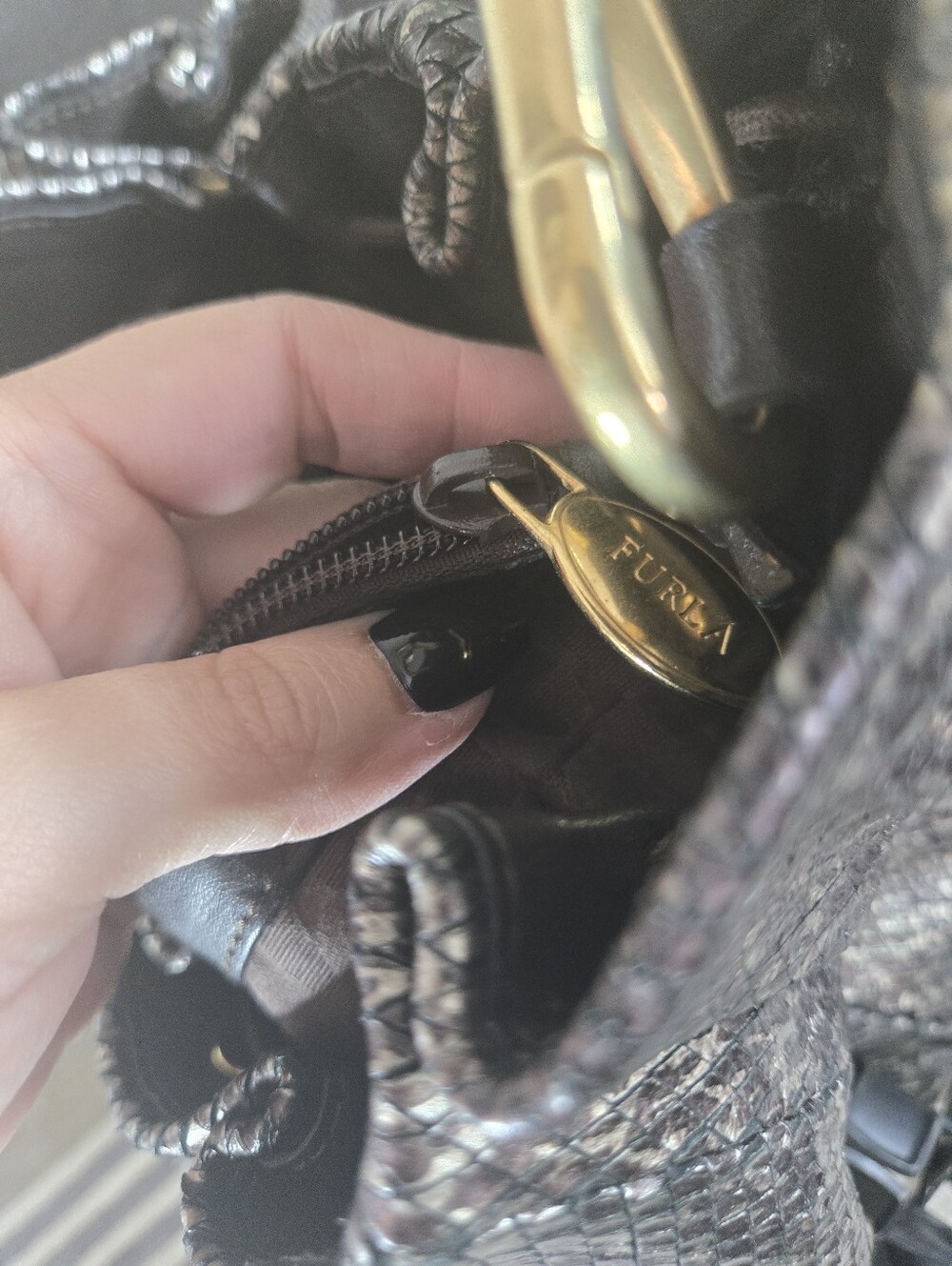Vintage Furla Metallic Python Embossed Leather Large Hobo Shoulder Bag - Picture 13 of 13